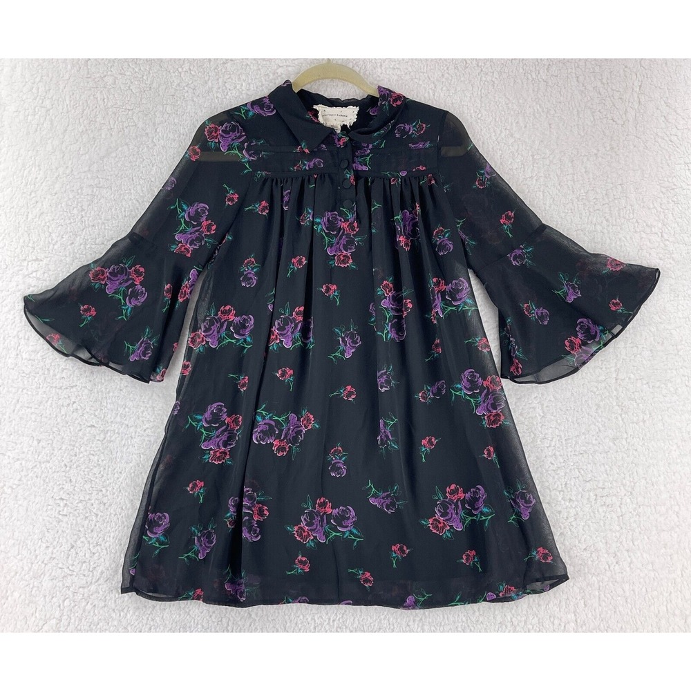 Coincidence & Chance Swing Dress Womens Small Black‎ Floral Bell Sleeve Chiffon